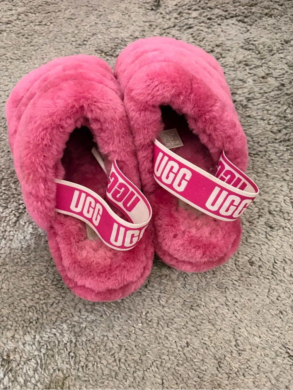 UGG Kids Hot Pink Plush Slide with Branded Heel Strap
